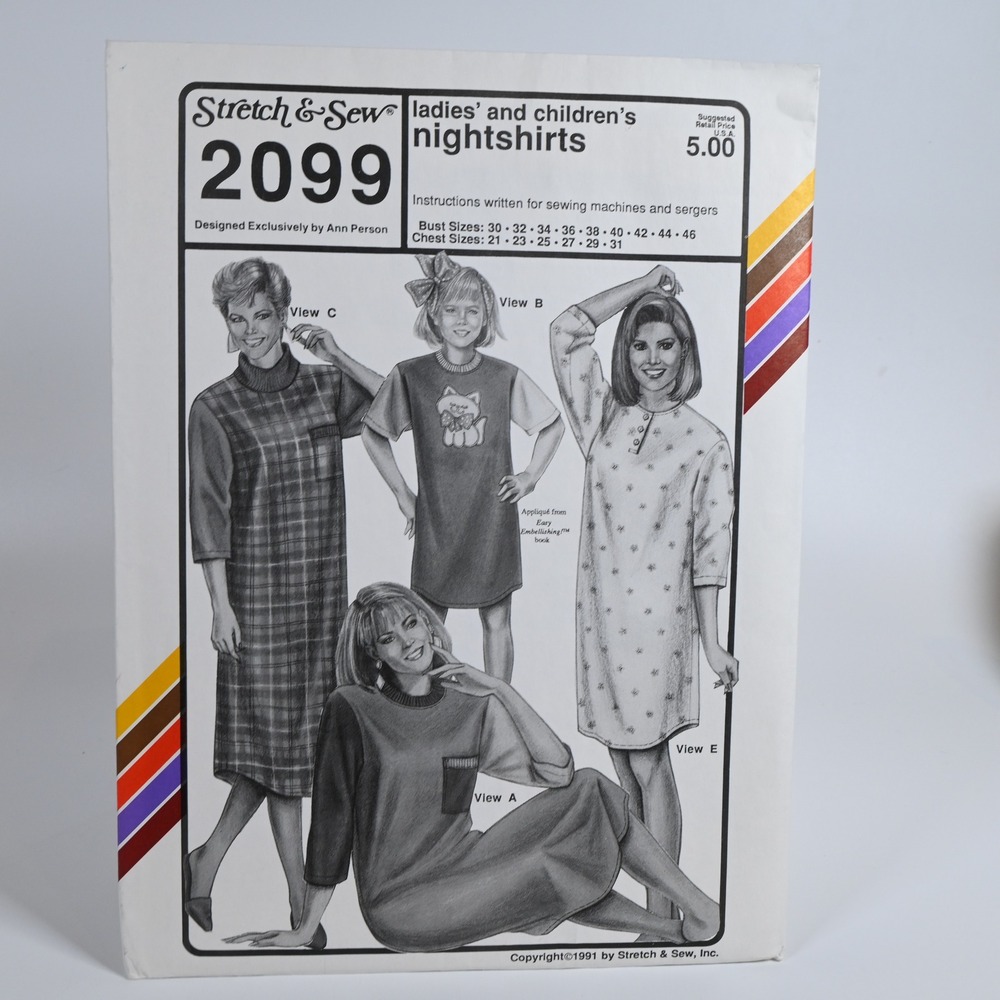 Stretch & Sew 2099 Nightshirts Sewing Pattern Ladies Childrens Multi-Size Uncut